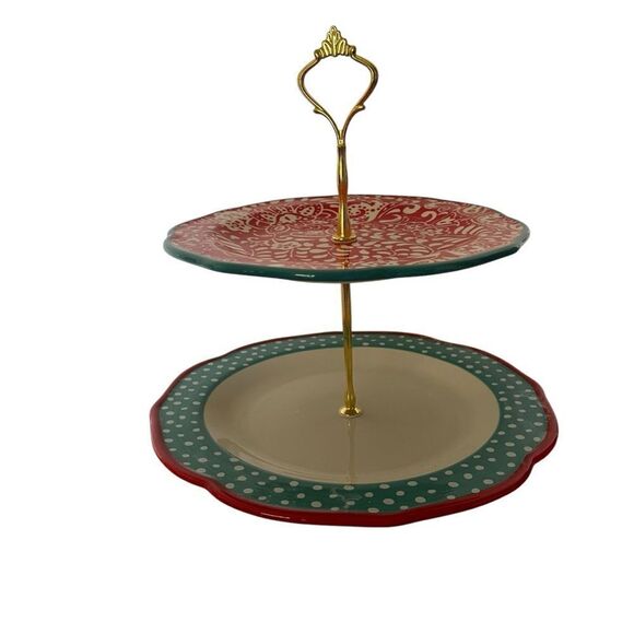 PIONEER WOMAN CUPCAKE DESSERT STAND 2-TIER Travelling Vines Teal White Dots NWOT - Picture 4 of 8